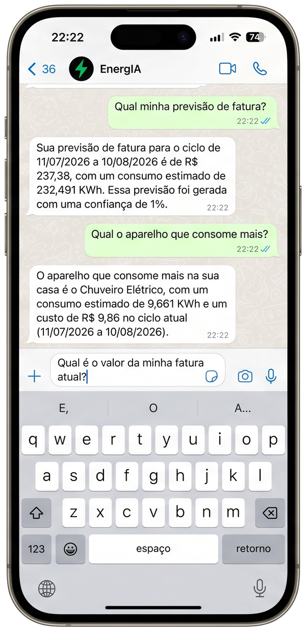 Conversa real no WhatsApp com o assistente da EnergIA respondendo a previsão de fatura e qual aparelho consome mais